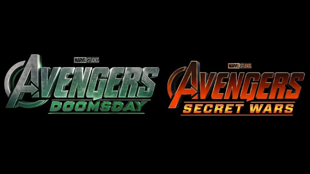 Promotional graphic featuring two logos side by side. On the left, the logo for ‘Marvel Studios Avengers: Doomsday’ in metallic green and silver colors. On the right, the logo for ‘Marvel Studios Avengers: Secret Wars’ in fiery orange and black colors. Both titles are stylized with a 3D effect and represent upcoming Marvel Studios movie titles.