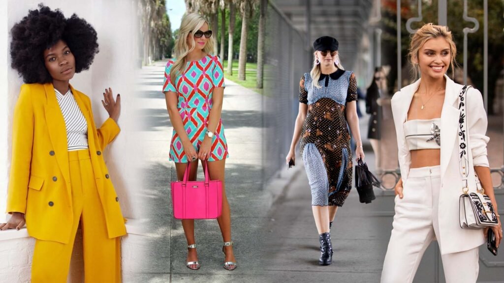 featuring outfits in bright yellows, vibrant pinks, and electric blues. Looking like street style photos or fashion editorial shoots showcasing bold, colorful attire for Summer Essentials and Cool-Girl Elegance.