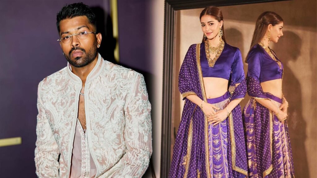 The image features two individuals Hardik Pandya and Ananya Panday standing next to each other. The person on the left wears a white patterned traditional Indian attire, while the individual on the right dons a purple traditional Indian outfit adorned with intricate designs and jewelry. Both faces are obscured for privacy. Their close chemistry suggests a lively dance moment, perhaps at a wedding celebration. Interestingly, netizens have playfully paired them together, calling them “two broken souls” who resemble a “rab ne bana di jodi” (a made-for-each-other couple).