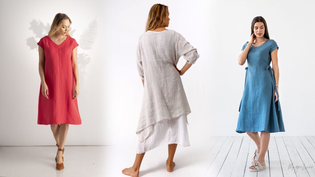  images of simple linen dresses, pants, and tops. Photos that highlight the breathable and stylish nature of linen fabrics are perfect for Summer Essentials and Cool-Girl Elegance.