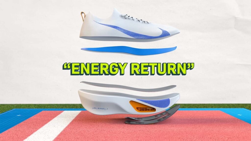 The image shows a Nike shoe disassembled into multiple layers, highlighting the different components of the sole. The top layer is the outer part of the shoe, followed by blue curved lines representing other layers or cushioning technologies within the sole. The bottommost layer features an orange detail, likely indicating a special feature for energy return. The phrase “ENERGY RETURN” is prominently displayed in the center of the image, emphasizing this key feature of the shoe. The background resembles an athletic track, underscoring the shoe’s performance aspect.
