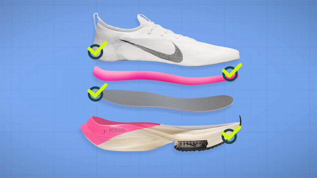 The image features a white Nike shoe with a black Nike swoosh logo on its side, floating above three separate components that are likely parts of the shoe’s construction. These components include a pink curved foam piece, a grey outsole, and a pink insole with “NIKE” printed on it. Each component is marked with a green checkmark, suggesting they meet certain criteria or standards. The background is blue with grid lines, which may indicate design or engineering context. This image could be used to showcase the technology and design elements that go into creating a Nike shoe, emphasizing the brand’s attention to detail and quality in their products.