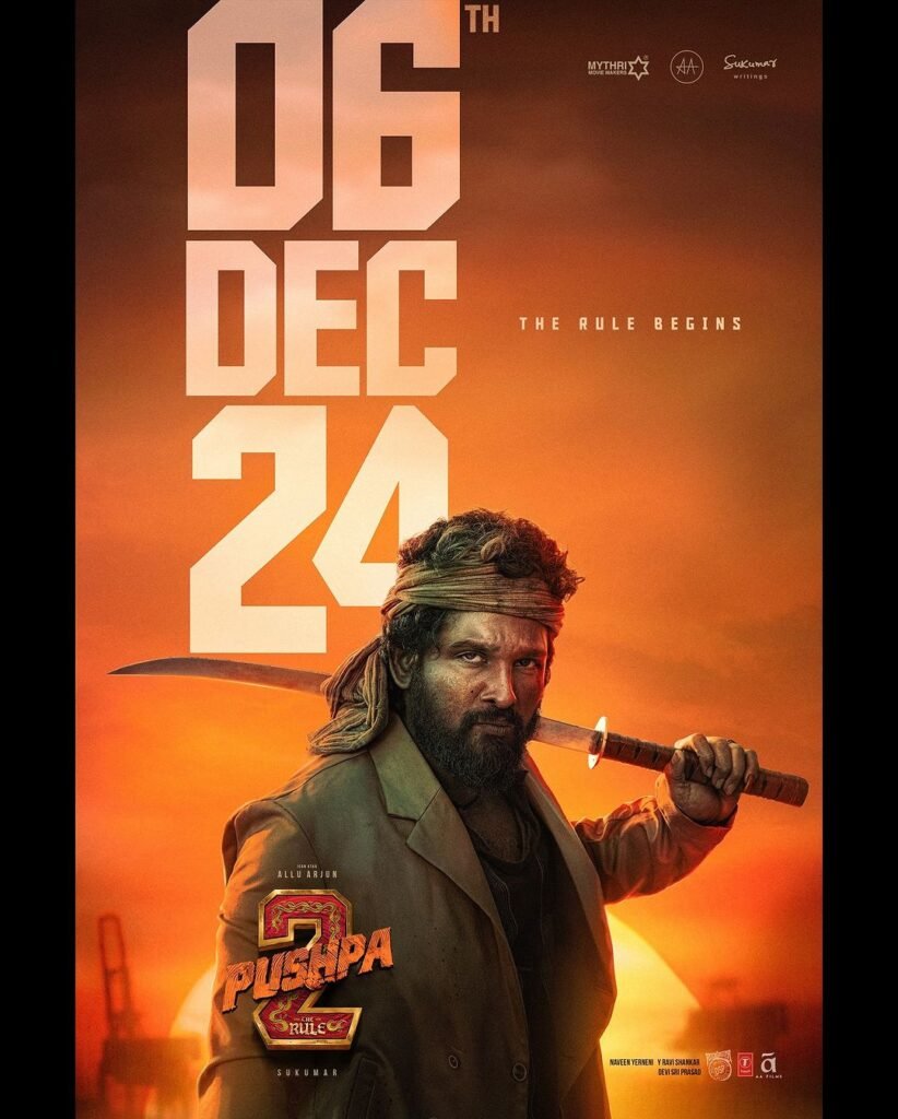 The image is a promotional movie poster for an action film featuring Allu Arjun as ‘Pushpa.’ In the poster, Allu Arjun stands with his back turned, holding a smoking firearm. The dark jacket he wears has the name “PUSHPA” written on it. The background depicts industrial structures against an orange sky, suggesting a dramatic setting. Dominating the top half of the poster are large white numbers: “06” and “DEC,” followed by “24,” indicating the release date of December 6, 2024. The text at the bottom reads “THE RULE BEGINS.” Allu Arjun’s face is obscured by a brown rectangle for privacy reasons. Fans eagerly await this sequel, “Pushpa 2: The Rule,” which promises intense action and drama!