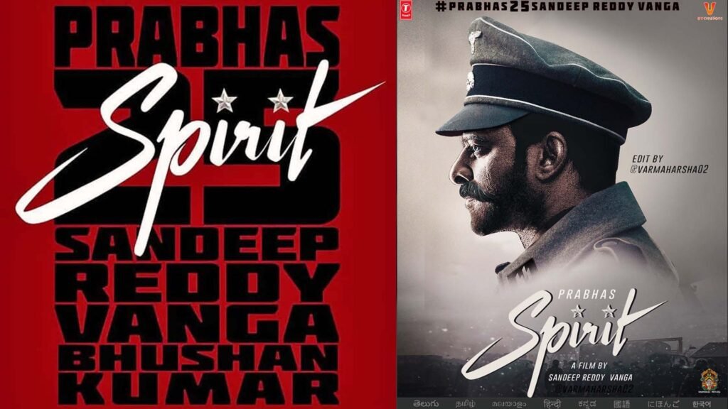 Prabhas, a popular Indian actor, standing in front of a promotional poster for his film “Spirit.” He is dressed in a casual outfit, with a relaxed demeanor, and is smiling at the camera. The background includes the film’s title and other promotional details, creating a professional and engaging setting.