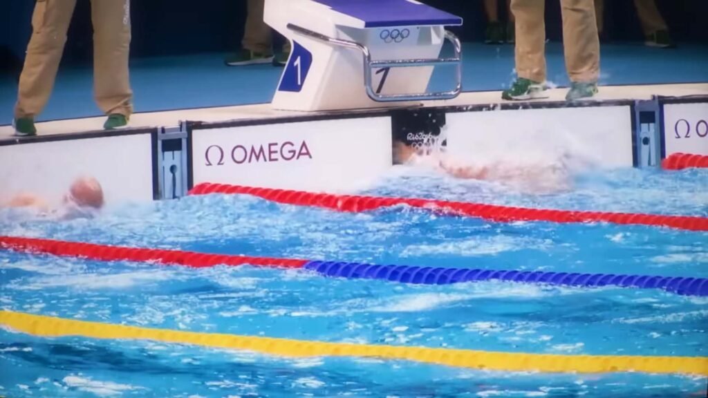 A swimmer in mid-competition at an Olympic swimming event, captured just as they make a splash while turning at the edge of the pool. The starting block is marked with number 1 and features the Olympic rings and OMEGA branding, indicating official timing equipment. The image conveys the intensity and excitement of competitive swimming at an international level.