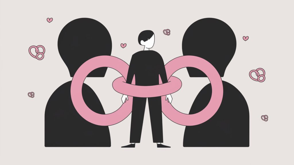 The image depicts a stylized illustration of a person standing between two larger, silhouette figures. The person in the center is connected to each silhouette by a pink Möbius strip, which symbolizes infinity or continuity. The background is light with small hearts floating around, suggesting a theme of love or connection.