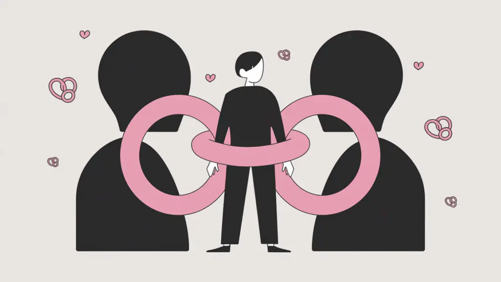 Symbiosexuality: Unraveling the Mysteries of the New Sexuality 3 The image depicts a stylized illustration of a person standing between two larger, silhouette figures. The person in the center is connected to each silhouette by a pink Möbius strip, which symbolizes infinity or continuity. The background is light with small hearts floating around, suggesting a theme of love or connection.
