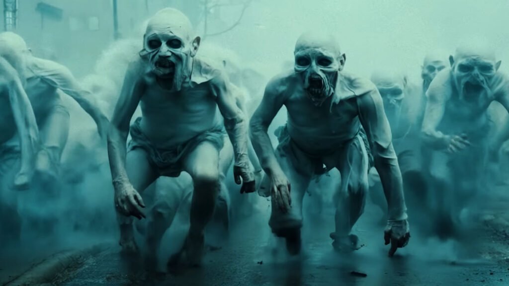 depicts a scene from the movie “Gog and Magog.” It shows a group of humanoid creatures with pale skin, prominent veins, and dark eye sockets, running aggressively towards the camera. The setting is foggy or misty, creating an eerie atmosphere. One creature in the foreground is more prominent, leading the charge with wide eyes and an open mouth, enhancing the intensity of the scene. This image captures a key moment that represents the movie’s themes of horror and apocalyptic scenarios.