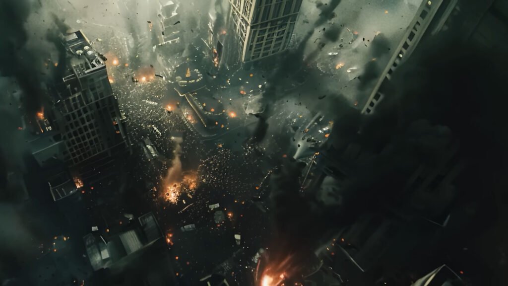 a chaotic cityscape with multiple explosions and debris flying through the air. Skyscrapers surround the area of destruction, emphasizing a sense of panic and disaster. This dramatic scene is from the movie “Gog and Magog,” capturing the intensity and scale of the movie’s narrative.