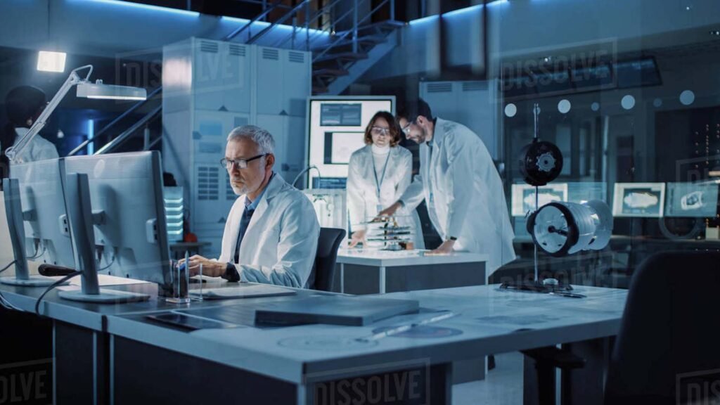 The image depicts a modern laboratory setting with three individuals engaged in various activities. The person in the foreground is seated at a desk with a computer monitor, facing away from the camera, and their face is obscured by pixelation for privacy. In the background, two other individuals are standing at a workbench, appearing to be collaborating on an experiment or technical task; their faces are also pixelated. The environment is filled with equipment and screens, suggesting advanced technological research or data analysis taking place.