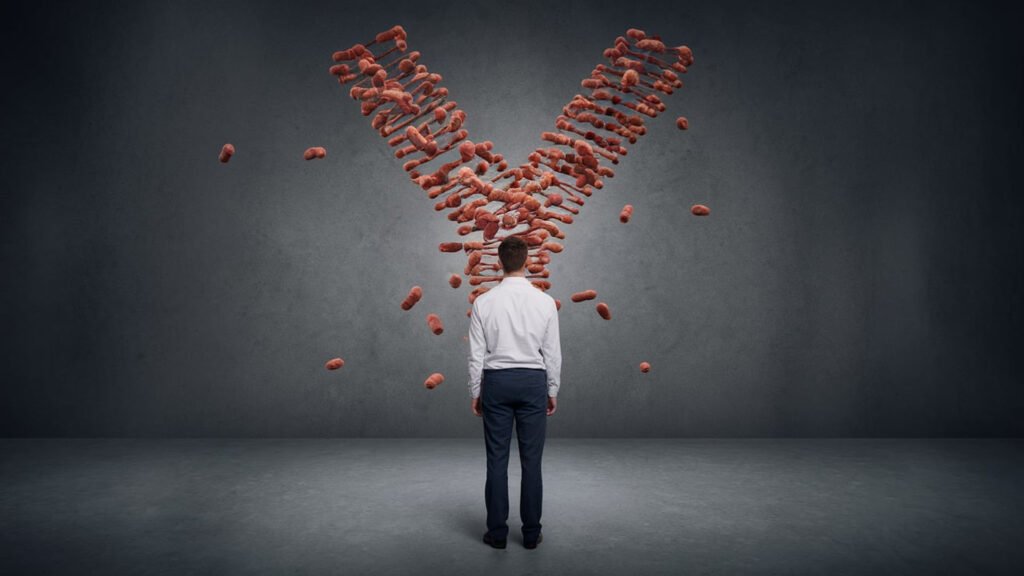 The image depicts a person standing in front of a large, floating Y-shaped arrangement of terracotta bricks. The background is gray, and the bricks appear suspended in mid-air, creating a dynamic and visually striking sculpture. The person seems to be contemplating or observing this intriguing structure.