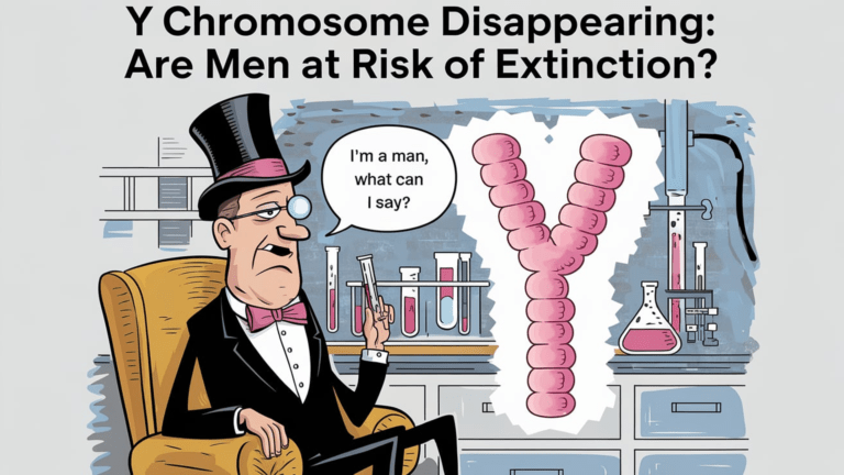 Illustration of a man in a suit sitting in an armchair with a thought bubble containing the phrase “I’m a man, what can I say?” next to an image of the Y chromosome and laboratory equipment, with the headline “Y Chromosome Disappearing: Are Men at Risk of Extinction?”