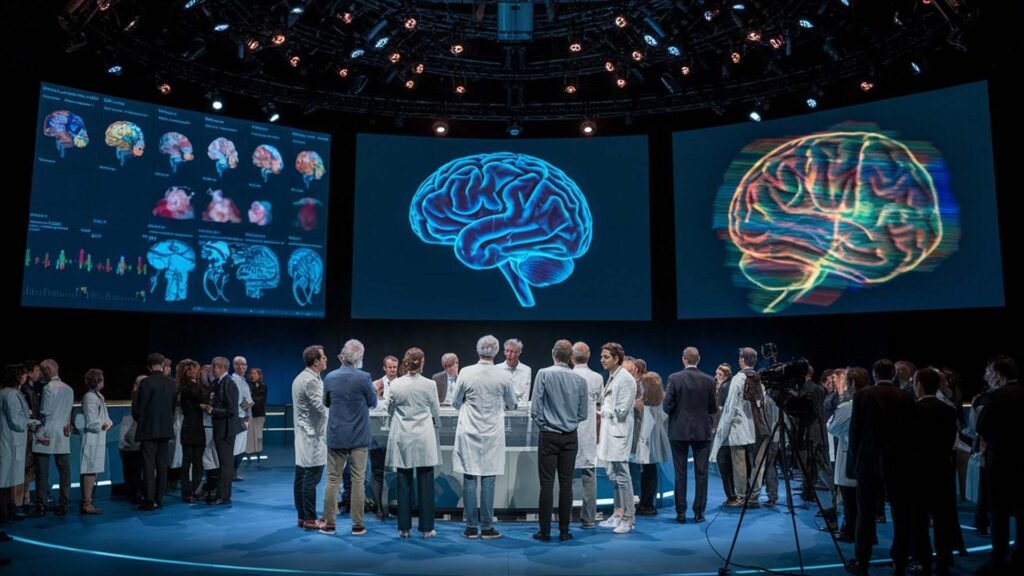 A group of individuals, possibly researchers or scientists, gathered inside a circular room with multiple screens displaying brain scans and neural images. The central focus is on two large displays showing detailed colorful brain mappings. This setting could represent a Dream Recording Machine in Japan, showcasing advanced neurological research or technology.