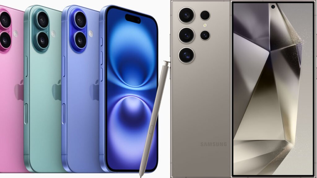 Comparison of Apple’s iPhone 16 Pro Max in pink, blue, green, and purple with triple-camera setup against Samsung’s Galaxy S24 Ultra in silver with quadruple-camera setup and stylus pen – highlighting the differences for ‘iPhone 16 Pro Max vs Samsung Galaxy S24 Ultra’.