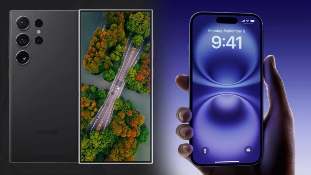 Comparison of Apple’s iPhone 16 Pro Max in pink, blue, green, and purple with triple-camera setup against Samsung’s Galaxy S24 Ultra in silver with quadruple-camera setup and stylus pen – highlighting the differences for ‘iPhone 16 Pro Max vs Samsung Galaxy S24 Ultra’.