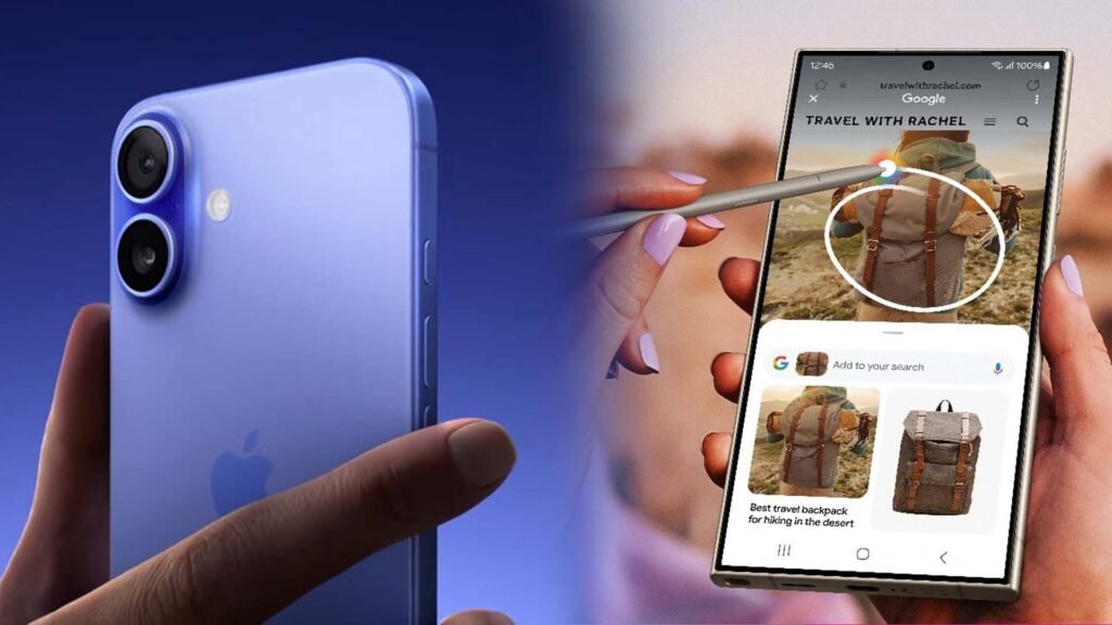 Comparison of Apple’s iPhone 16 Pro Max in pink, blue, green, and purple with triple-camera setup against Samsung’s Galaxy S24 Ultra in silver with quadruple-camera setup and stylus pen – highlighting the differences for ‘iPhone 16 Pro Max vs Samsung Galaxy S24 Ultra’.