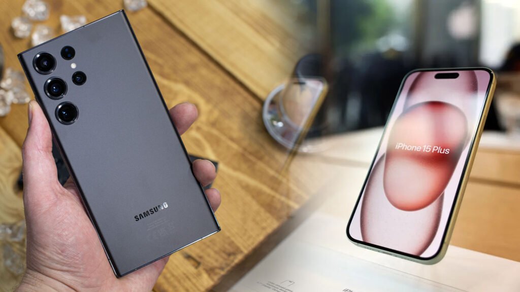 Comparison of Apple’s iPhone 16 Pro Max in pink, blue, green, and purple with triple-camera setup against Samsung’s Galaxy S24 Ultra in silver with quadruple-camera setup and stylus pen – highlighting the differences for ‘iPhone 16 Pro Max vs Samsung Galaxy S24 Ultra’.