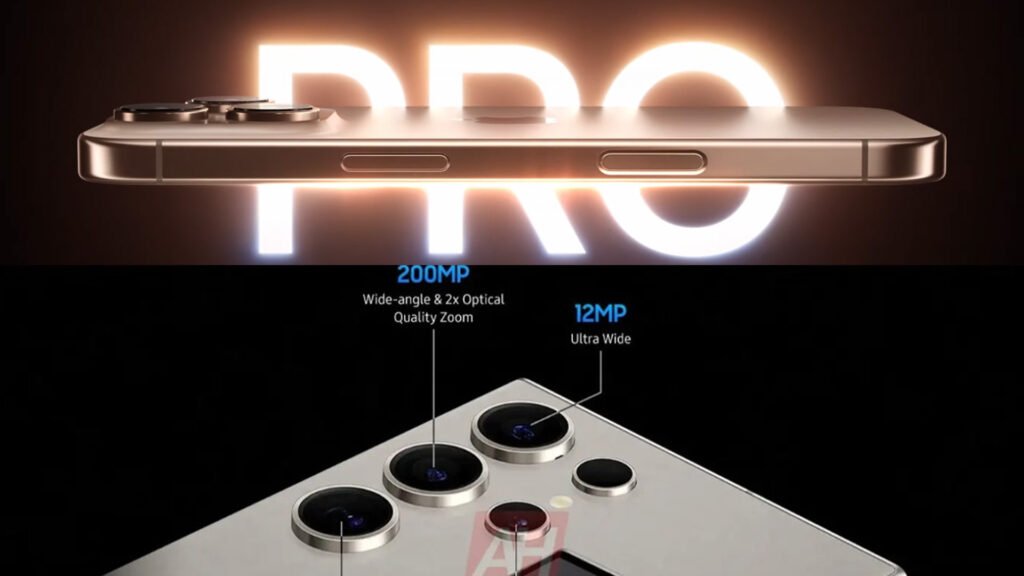 Comparison of Apple’s iPhone 16 Pro Max in pink, blue, green, and purple with triple-camera setup against Samsung’s Galaxy S24 Ultra in silver with quadruple-camera setup and stylus pen – highlighting the differences for ‘iPhone 16 Pro Max vs Samsung Galaxy S24 Ultra’.
