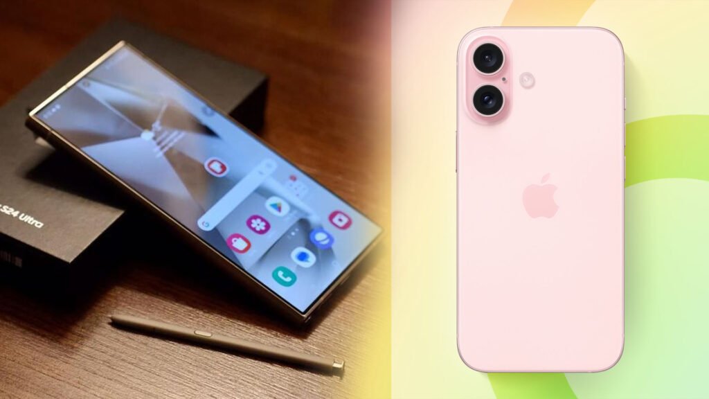 Comparison of Apple’s iPhone 16 Pro Max in pink, blue, green, and purple with triple-camera setup against Samsung’s Galaxy S24 Ultra in silver with quadruple-camera setup and stylus pen – highlighting the differences for ‘iPhone 16 Pro Max vs Samsung Galaxy S24 Ultra’.