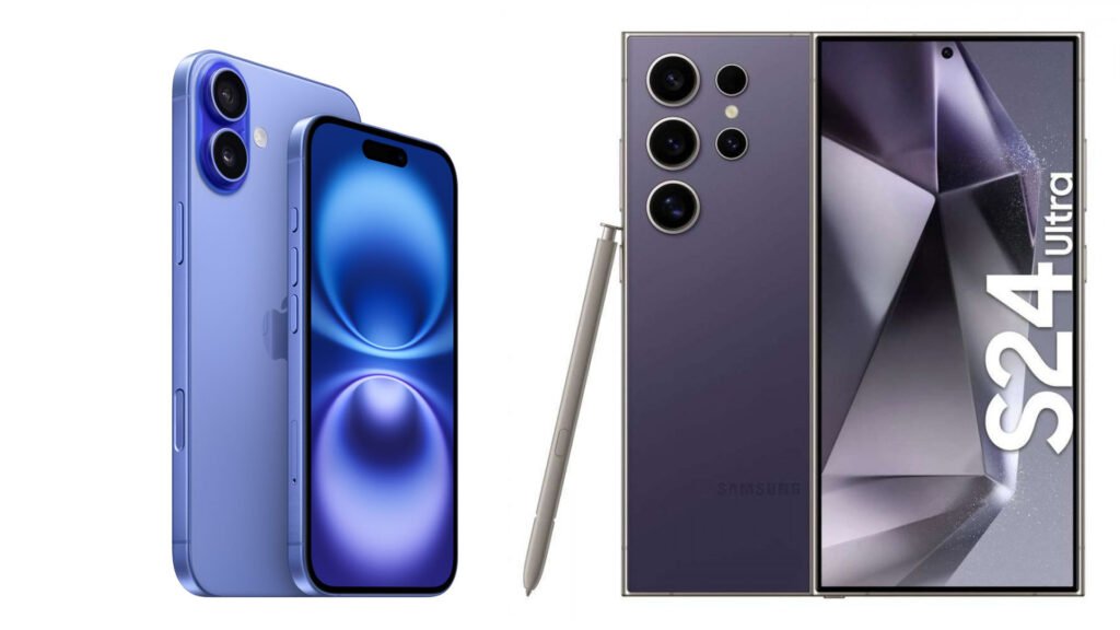 Comparison of Apple’s iPhone 16 Pro Max in pink, blue, green, and purple with triple-camera setup against Samsung’s Galaxy S24 Ultra in silver with quadruple-camera setup and stylus pen – highlighting the differences for ‘iPhone 16 Pro Max vs Samsung Galaxy S24 Ultra’.
