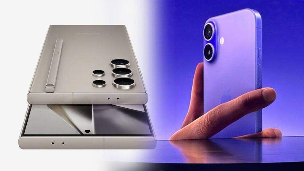 Comparison of Apple’s iPhone 16 Pro Max in pink, blue, green, and purple with triple-camera setup against Samsung’s Galaxy S24 Ultra in silver with quadruple-camera setup and stylus pen – highlighting the differences for ‘iPhone 16 Pro Max vs Samsung Galaxy S24 Ultra’.