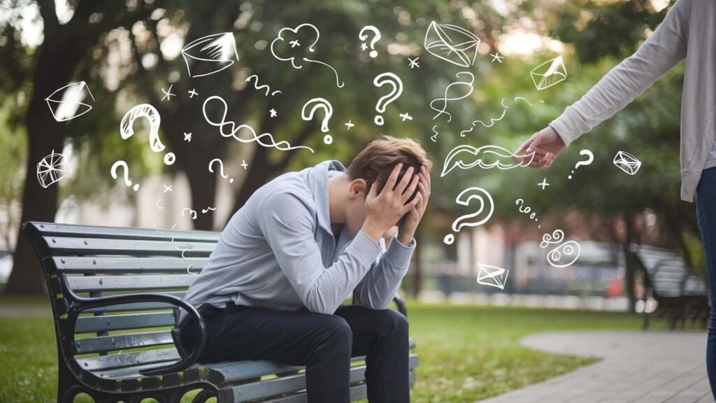 An individual overwhelmed by overthinking sits on a park bench with their head in their hands while symbolic illustrations of questions and thoughts hover above them, depicting the challenges faced in relationships due to excessive rumination.