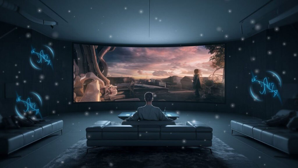 A person sits on a couch in a dark room with immersive projections of dreams around them, showcasing the concept of a Dream Recording Machine in Japan. The projections display vivid scenes and abstract neon figures, suggesting advanced technology for visualizing dreams.