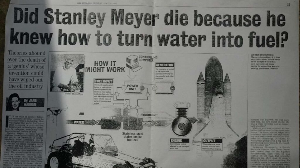 Stanley Meyer stands beside his water fuel car, a vehicle he claimed could run on water through a special fuel cell he invented. The newspaper clipping features a headline questioning whether his death was related to his invention. The article includes diagrams and text explaining the components of the water fuel cell, such as the air and water inlet, hydrogen gas burner, and voltage intensifier circuit.