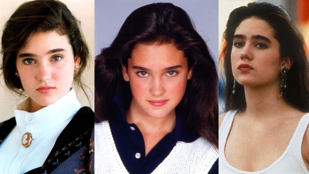 Collage of three images showcasing Jennifer Connelly young in various outfits, highlighting her fashion sense during early career stages.