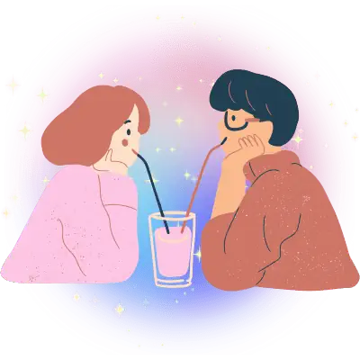 The illustration which shows couple sitting on a table and drinking water from one glass with two straws.