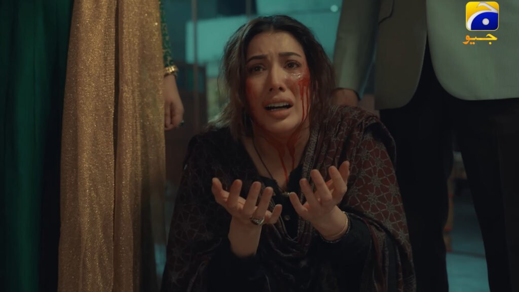 screenshot from drama teaser where Mehwish hayat is crying in a scene