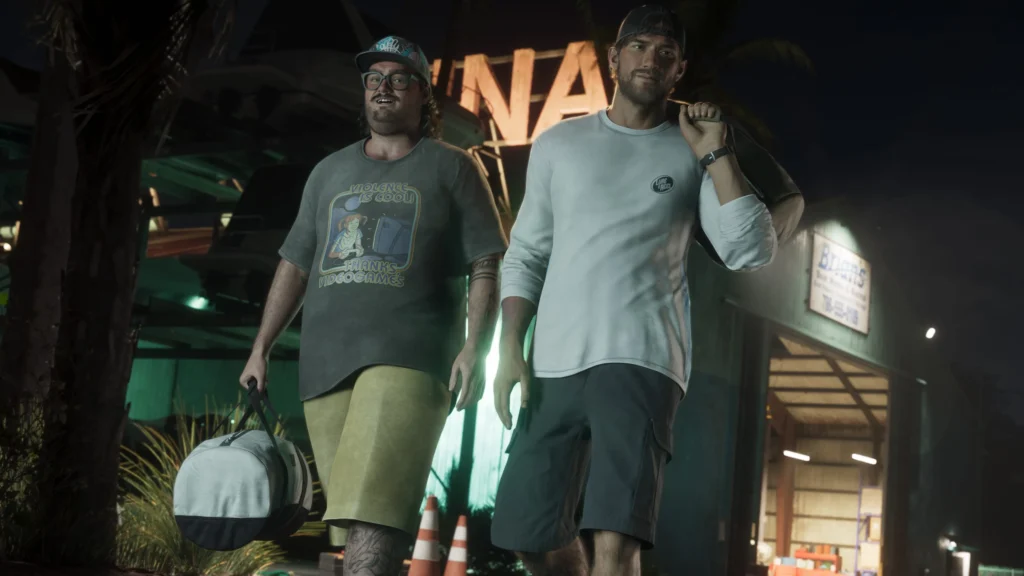 GTA 6 two man walking outside garage 