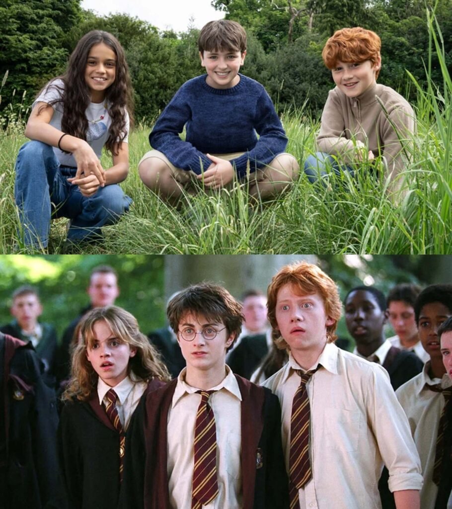 No Cap, the Harry Potter Trailer Just Reset the Entire Wizarding World 10 A two-panel vertical comparison image. The top panel shows the new HBO Harry Potter trio—Arabella Stanton, Dominic McLaughlin, and Alastair Stout—sitting casually in a grassy field. The bottom panel shows the original 2001 film trio—Emma Watson, Daniel Radcliffe, and Rupert Grint—in their Hogwarts uniforms, looking surprised. The image highlights the transition from the classic film era to the new 2026 television adaptation.
