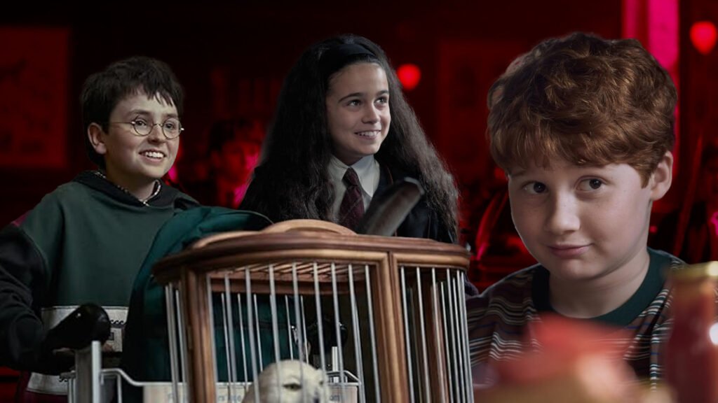 No Cap, the Harry Potter Trailer Just Reset the Entire Wizarding World 2 A composite image titled 'Meet the New Trio' showcasing the child actors for the HBO Harry Potter reboot. On the left, Dominic McLaughlin as Harry Potter pushes a trolley with Hedwig; in the center, Arabella Stanton as Hermione Granger smiles in a Hogwarts uniform; on the right, a close-up of Alastair Stout as a red-haired Ron Weasley.