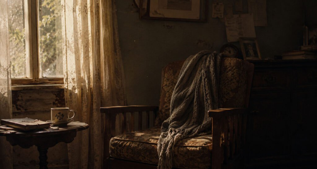 Generational Trauma: Survived, Never Healed. 3 Generational trauma, This is an image which represents a space which used to be inhabited by someone at one point in time, either a chair or a corner within the room. It is an empty space, but with the aura of an absence of someone’s presence in it. There must be an air about it that makes it seem like this used to be a place where someone sat every single day.