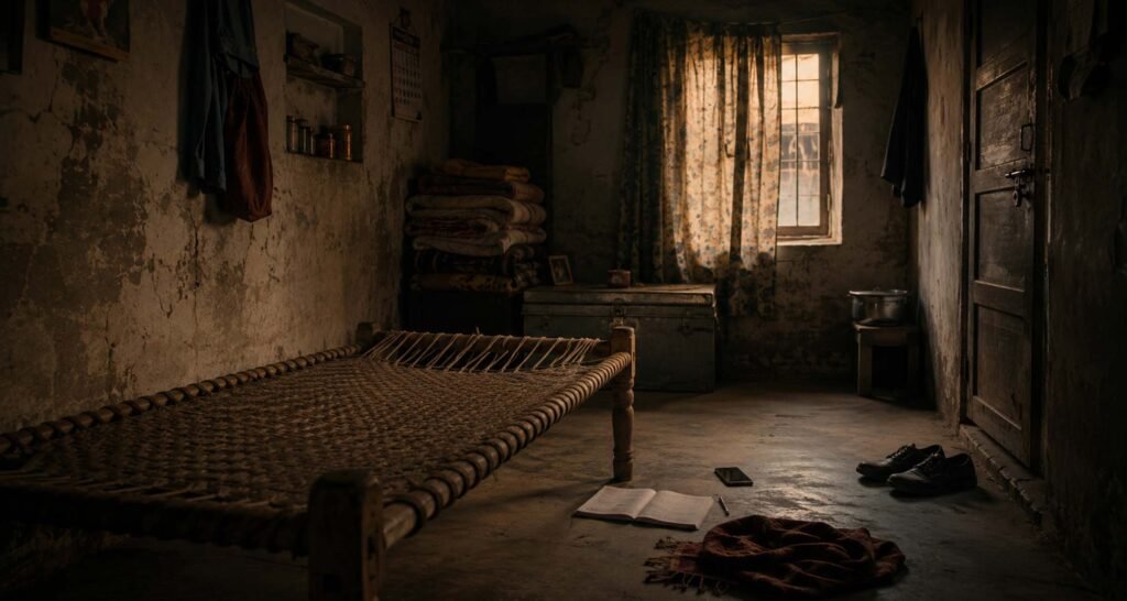 Generational Trauma: Survived, Never Healed. 5 Generational trauma, Create a cinematic, realistic 16:9 image that reflects poverty, emotional neglect, silence, and generational trauma inside a cramped one-room family home. The image should not show anything explicit, sexual, violent, or identifiable. It should communicate pain through atmosphere, distance, posture, and the physical space.
Show a small, worn room with cracked walls, old bedding folded in one corner, a thin curtain, a metal trunk, simple household items, and soft evening light entering through a small window. The room should feel lived-in but emotionally cold, as if too many people have carried too much pain in silence.
In the scene, show only symbolic human presence. For example, an empty charpai, a mother’s folded shawl on the floor, a child’s school notebook left open, a father’s work shoes near the door, and a dim mobile phone screen lying face down. Do not show faces clearly. Do not show any intimate act, nudity, abuse, or child distress directly.
The emotional focus should be on absence, emotional distance, poverty, and the weight of unspoken family trauma. The image should feel like a memory of a household where love existed but could not be named, where people lived together but remained emotionally alone.
Use muted earth tones, dusty browns, faded blues, soft shadows, and low warm light. The mood should be restrained, melancholic, intimate, and deeply human. Make it look like an editorial film still, not dramatic or sensational.