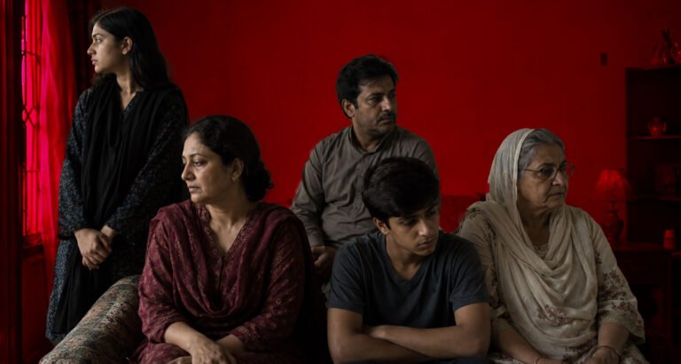 The picture should depict a family scene where several generations have gathered. They should all be standing close to one another, but there seems to be an emotional disconnect between them. They are clearly related through blood ties but lack emotional connection.