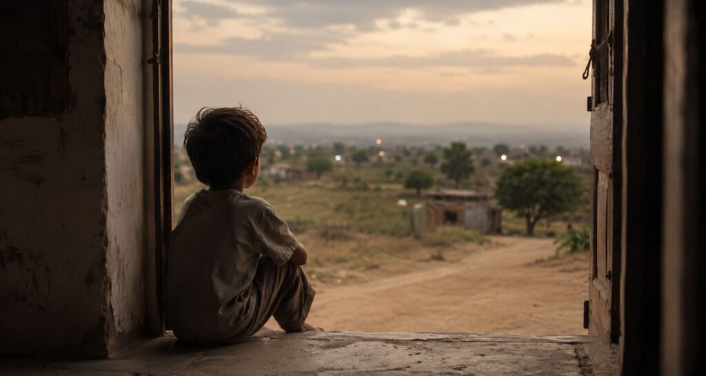 Generational Trauma: Survived, Never Healed. 2 Generational trauma, This picture represents a kid who is sitting on the threshold of his house, looking outwards. The kid is shown in a position where he is not directly facing the viewer but is looking at something far away. He appears emotionally hollow and ignorant about what is going on around him.