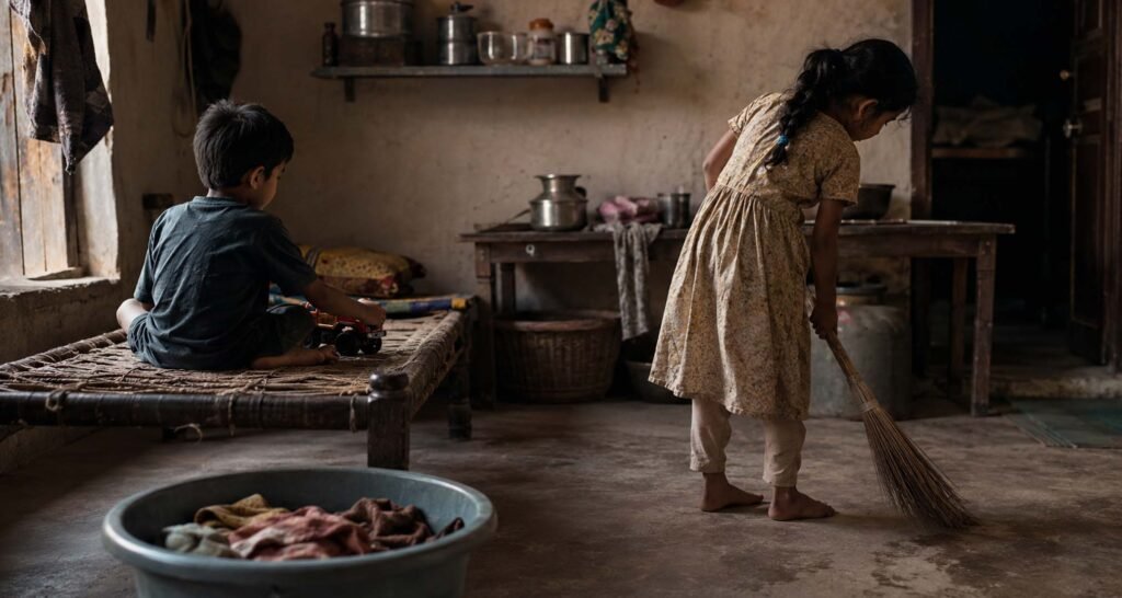Generational Trauma: Survived, Never Healed. 7 Generational trauma, The sons indulged, the daughters burdened. The youngest is labeled choti maa.
This picture should display two kids in the same photo, however carrying out two completely different things. In the picture, one kid will be displayed in a very relaxed state either resting or playing whereas the other one will be working or doing some work. The facial expressions of the two kids don’t have to be shown.