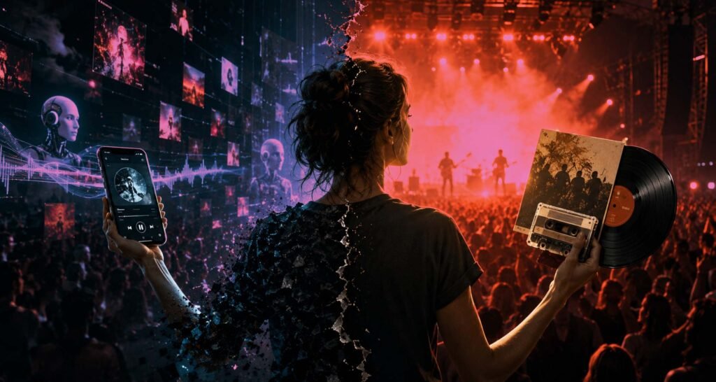Live Music Revenue 2026 Just Hit $35B. AI Lost. 2 Live Music Revenue 2026, A women Standing in front of two phases the one is digital spotify era and the one is Live concert and shes looking toward concert.