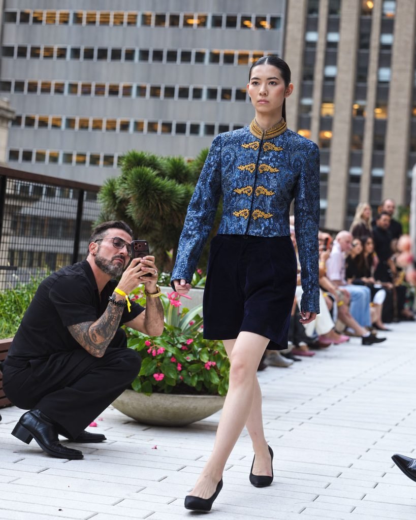 Parishae Adnan Puts Pakistan on the Global Fashion Map 4 Pakistani couturier Parishae Adnan presents 'Uniform Meets Rebellion' at Flying Solo NYFW, blending a gold-embroidered military brocade jacket with velvet shorts in her sustainable Second Skin collection coverage for Quill Quest Magazine.