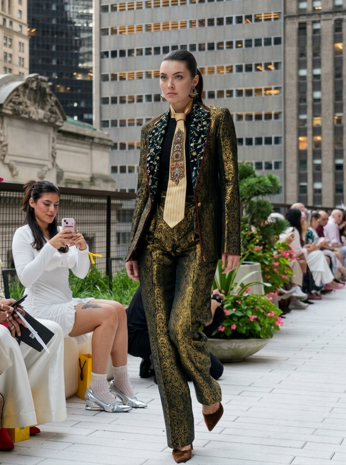 Parishae Adnan Puts Pakistan on the Global Fashion Map 3 Pakistani couture designer Parishae Adnan showcases 'My Father's Tie' at New York Fashion Week, featuring an archival hand-embroidered Amir Adnan piece reworked into modern circular fashion for Quill Quest Magazine.